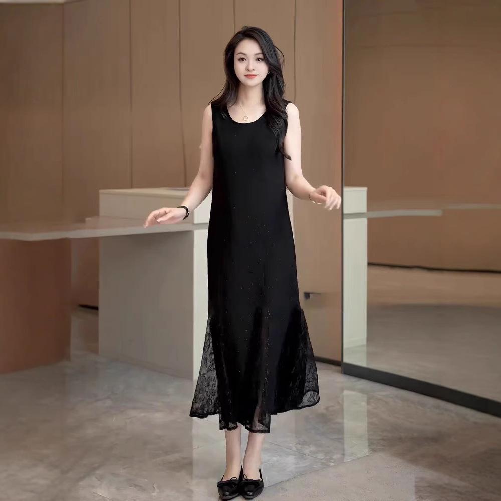 

Temperament sleeveless black dress women s summer new loose and thin versatile bottom fishtail vest skirt 4XL