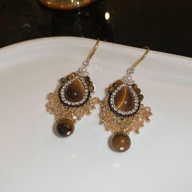 Tiger's eye geometric round earrings Maillard style stud earrings niche design earrings