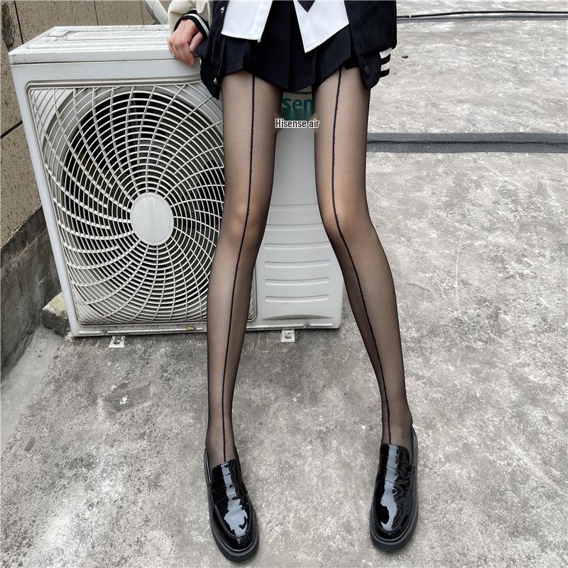 Spicy Girl Sheer Black Silk Stockings with Red Vertical Line - Slimming, High Transparency Pantyhose