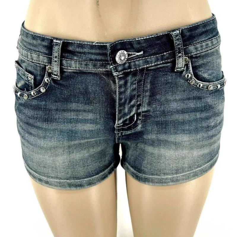 Damen Biker Motorrad Flügel Nieten Stickerei Shorts Y2k Vintage Gothic Hot Girl Sexy Gewaschene Denim Shorts Niedrige Taille Mini Jeans