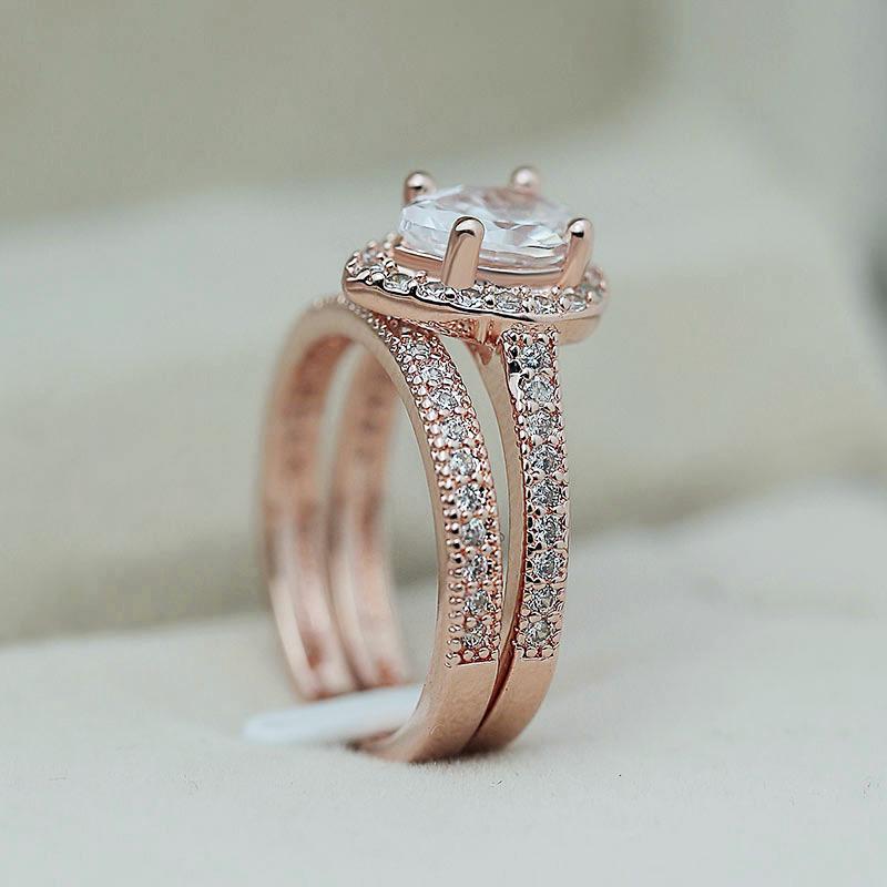 Classic Solitaire Ring Water Drop 2PC Ring With Micro Paved Elegant Bridal Ring Wedding Anniversary Ring Band For Women