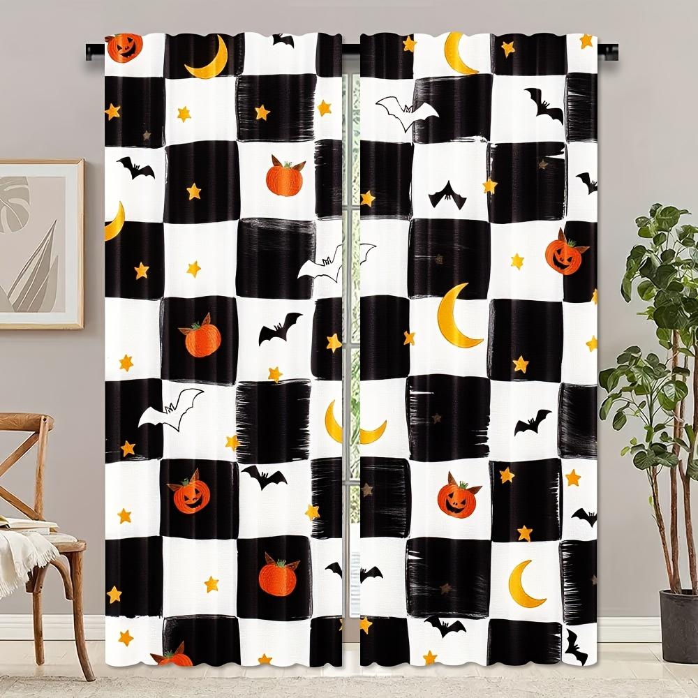 2pcs Halloween Curtains - & Checkered with Pumpkins   Bats   Stars   Moon - Light Filtering Window Drapes for Living Room   Bedroom