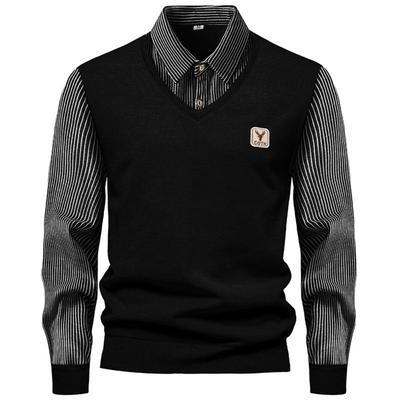 Autumn and Winter New Men's Fake Two Piece Sweater with Fleece and Slim Fit Polo Collar Knitted Bottom Shirt Thickened and Warm