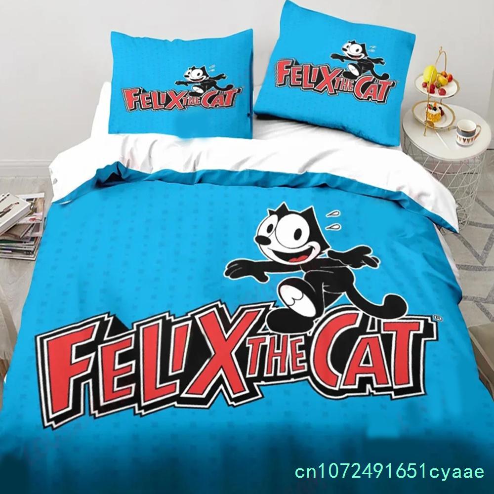 Carino Set Biancheria da Letto Cartone Animato Gatto F-Felix, Copripiumino Coperta Set Letto Copripiumino Federa, Dimensioni King Queen Twin Bambini Bambine Adulti