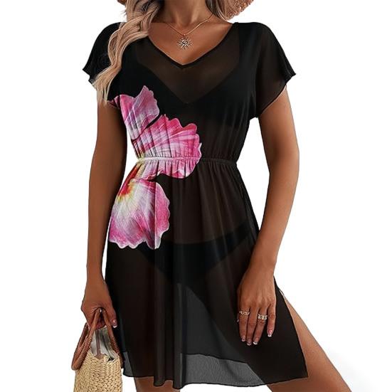 Bikini Cover Up Mesh Lightweight Sheer V-Neck Short Sleeve Beach Dress with Elastic Waist Design Anti-UV