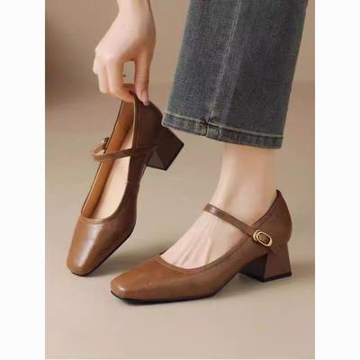 New Style Women's Soft Leather Square-toe Flats, Mid-heel High Heels, Thick Heel Shoes