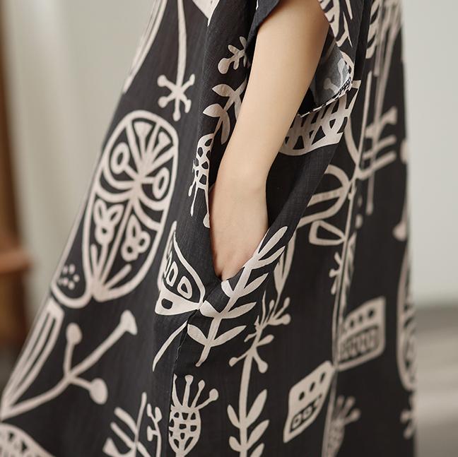 DIMANAF New 2026 Women Plus Size Spring Summer Beach Dress Vintage Floral Print Black Long Dress Loose Oversize Maxi