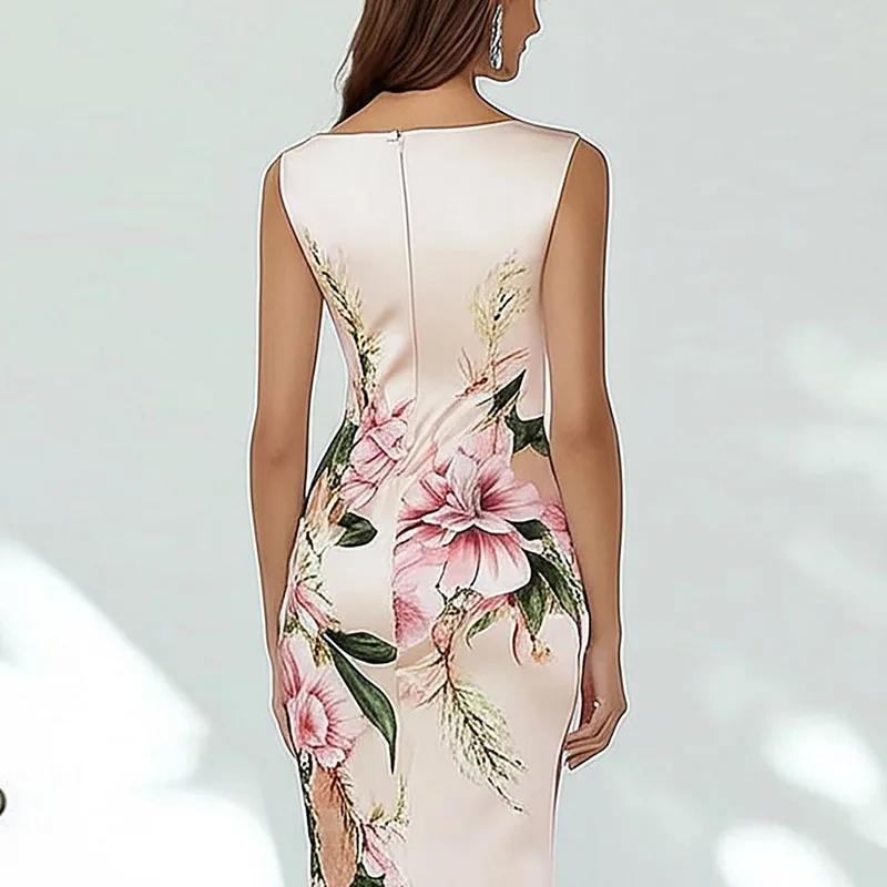 Elegant V Neck Commute Lady Dresses Retro Floral Print Slim Hip Dress for Woman Summer Sleeveless Back Zipper Holiday Dress