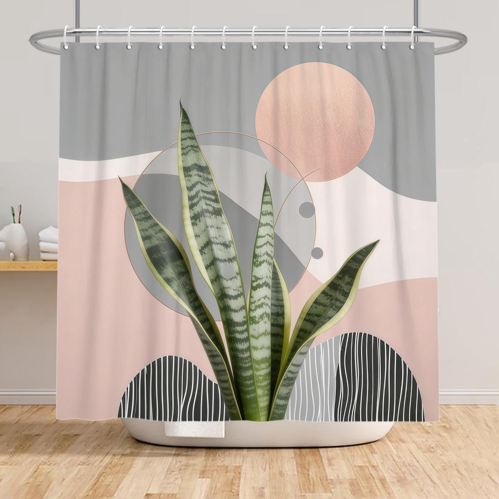 Tropical Rainfores Bathroom Shower Curtain Plant Green Leaves Simple Line Decor Waterproof Bathtub Bathroom Curtain With Hooks