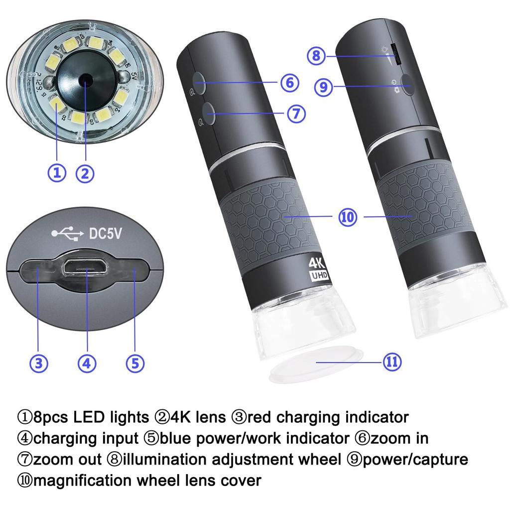 Jiusion WiFi USB Digital Handheld Microscope, 50-1000x Wireless Magnification Endoscope, 4K 3840x2160P Camera, 8 LEDs, Metal Stand Included, Compatibl