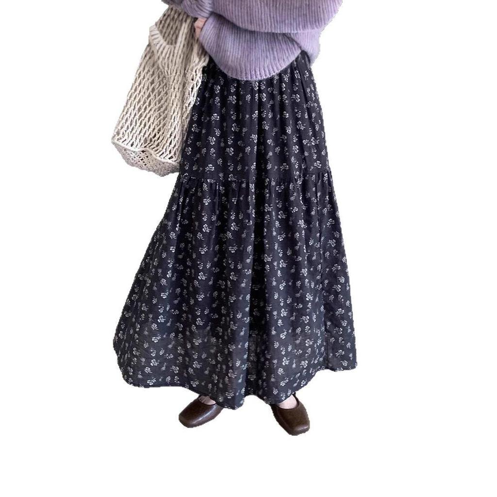 Korean Retro Floral Print Midi Skirt for Women - 2025 Spring/Summer Elastic Waist A-Line Umbrella Skirt