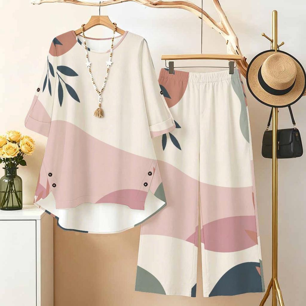 Women Plus Size Round Neck 3 4 Sleeve Printed High Low Top Long Pants Two Piece Set