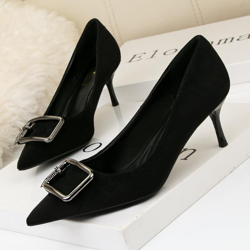 

Мода 2025 Новейший стиль Туфли на высоком каблуке Сексуальные лодочки Женская обувь Металлическая пряжка Свадебная обувь для женщин Невеста Мелкие Остроносые Туфли 34