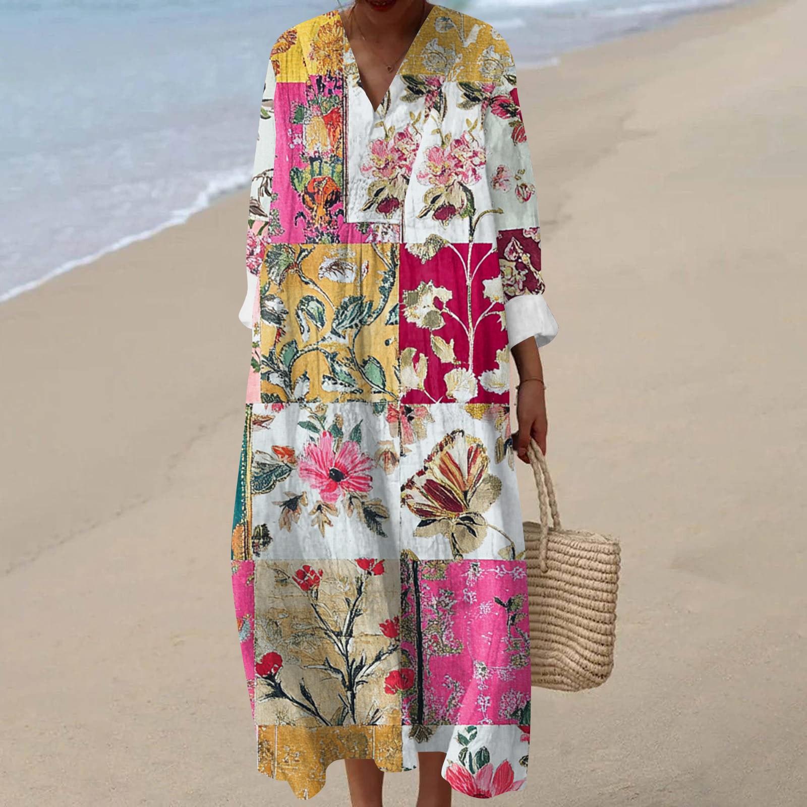 

Женское повседневное модное платье макси с V-образным вырезом и длинными рукавами с цветочным принтом XL