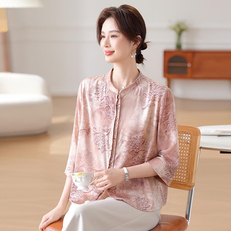 

New Summer Arrival: Women s Casual Printed Top - Breathable, Loose Short Sleeves for Middle-Aged and Elderly Mothers 5XL (recommended 150-165 jin) рожевий
