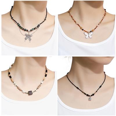 Retro Butterfly Necklace, Chinese Style Beaded Bamboo Pendant, Ancient Style Guochao Cloud Set Collarbone Chain