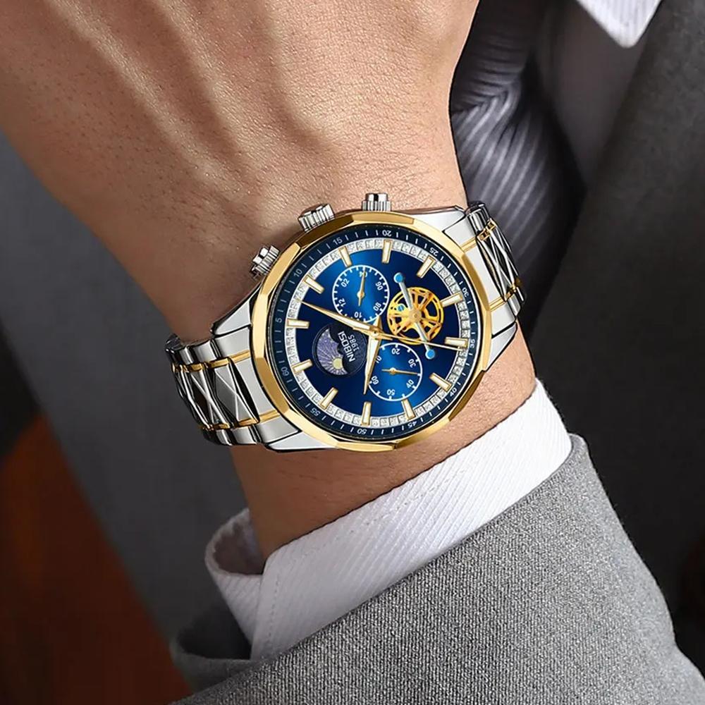 NIBOSI Star Moon Phase Watches Men Top Brand Luxury Automatic Watch for Men Luminous Waterproof Stainless Steel Quartz Clock