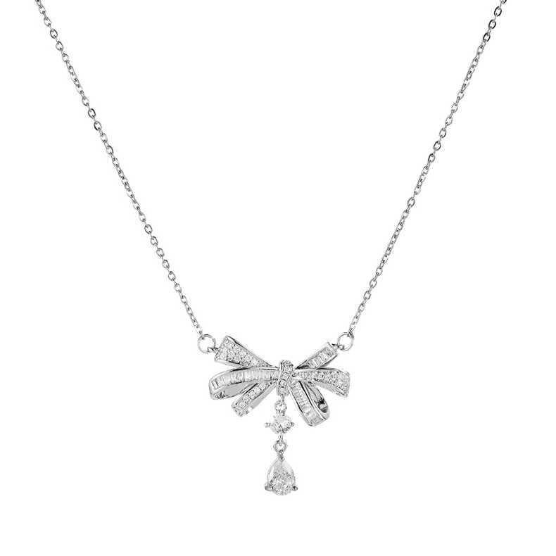 Elf tears, diamond-encrusted bow necklace women s niche fashion temperament water drop pendant design collarbone chain