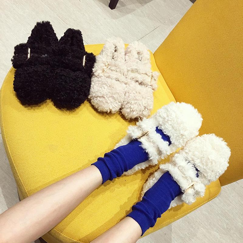 Fashion Celebrity Curly lamb wool flats woman metal buckle band furry mary janes ladies winter shoes plush loafers sheep fur moccasins