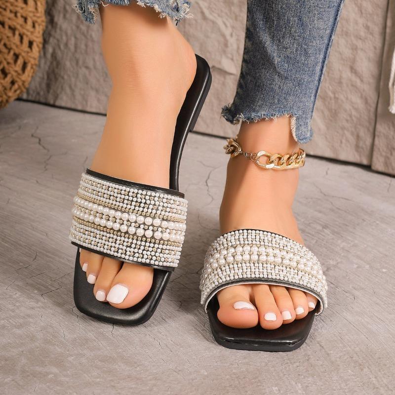 Plus Size Women's Korean Style Solid Color Square Toe One Strap Rhinestone Flat Slip on Slide Sandals