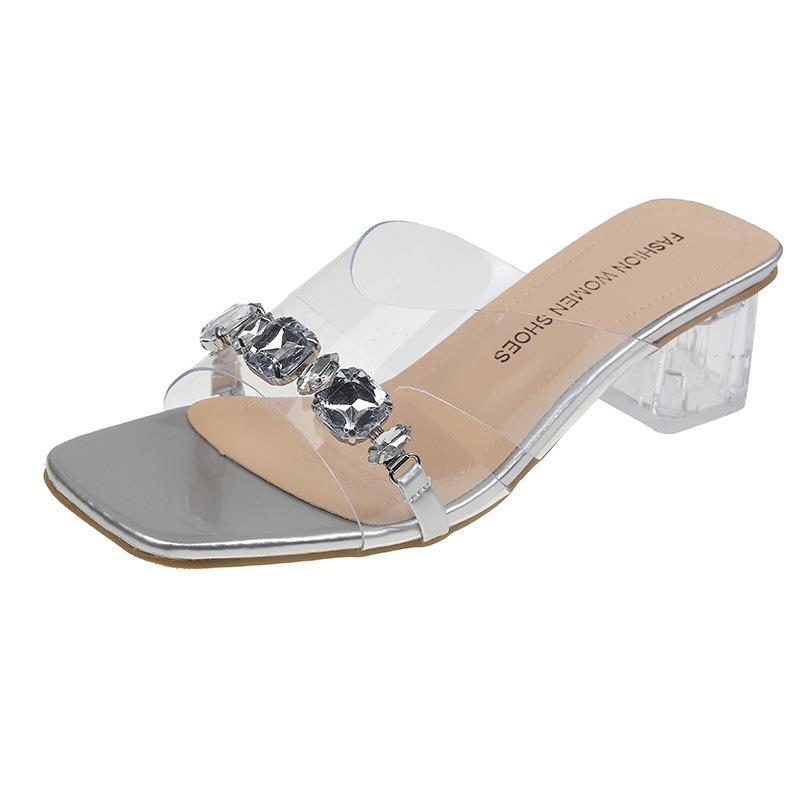 Summer new large-size high-heeled slippers women's fashion square-head rhinestone one-word cool slippers temperament women's shoes