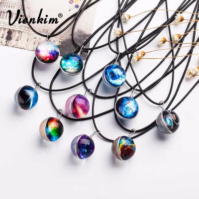 Universe Space Galaxy Necklace Glass Ball Stars Planet Pendant Leather Chain Necklace for Unisex