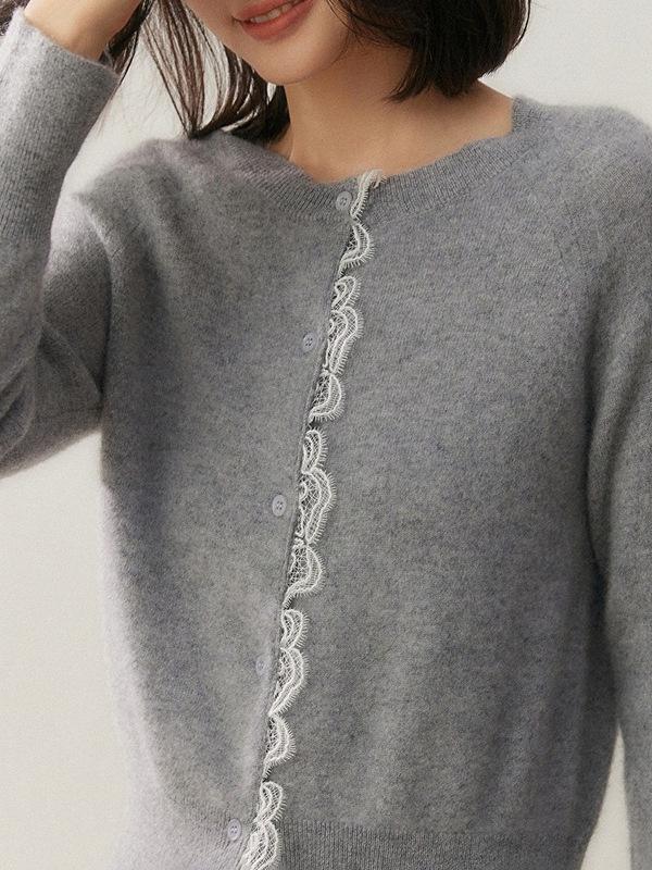 Women's Autumn Cashmere Round Neck Lace Knit Cardigan Sweater - Korean Style, Solid Color, Outerwear Option