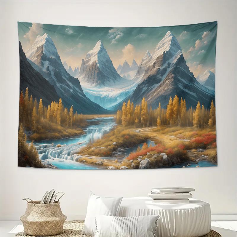 Mountain River Forest Landscape Wall Tapestry Machine Washable All Season Decor Art Print Nature Design Home Easy to clean