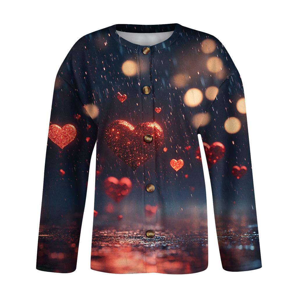 Kvinners Valentine's Day Print Langermet strikket Cardigan Button Jacket