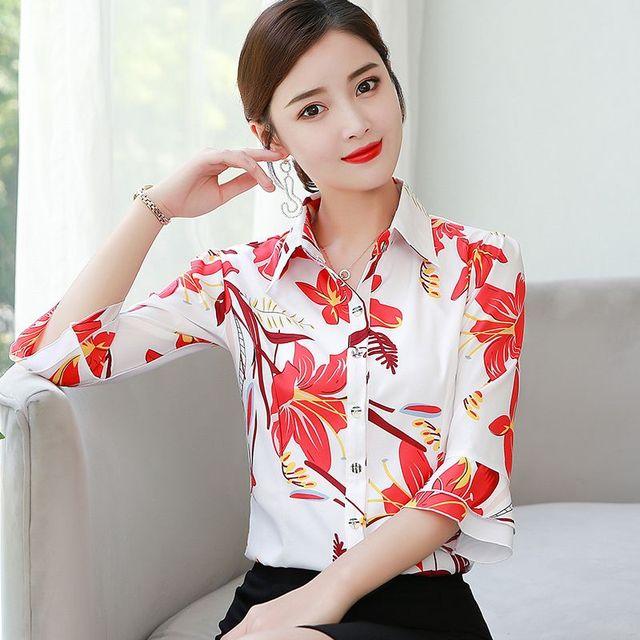 Koreanische Sommer Herbst Neue 3/4 Hülse Druck Hemd frauen Top Drehen Unten Kragen Flare Hülse Chiffon Bluse S-5XL