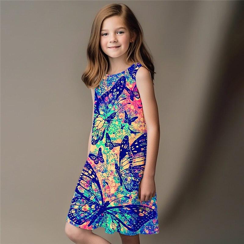 Summer Sleeveless Round-neck Vest Dresses Princess Dresses Cute 3D Printing Butterfly Flower Pattern Girls' Dresses