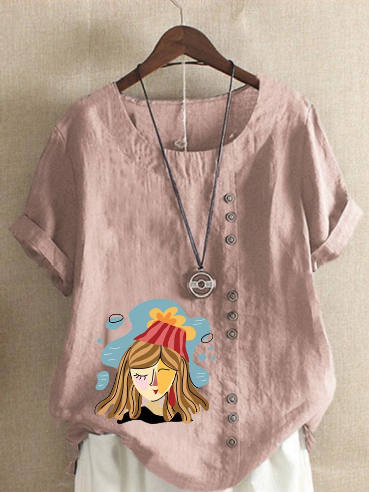 Women's Fashion Abstract Girl Print Round Neck Short Sleeve T-shirt Summer Casual Cotton Linen Graphic Shirt Leisure Loose Blouse Tops