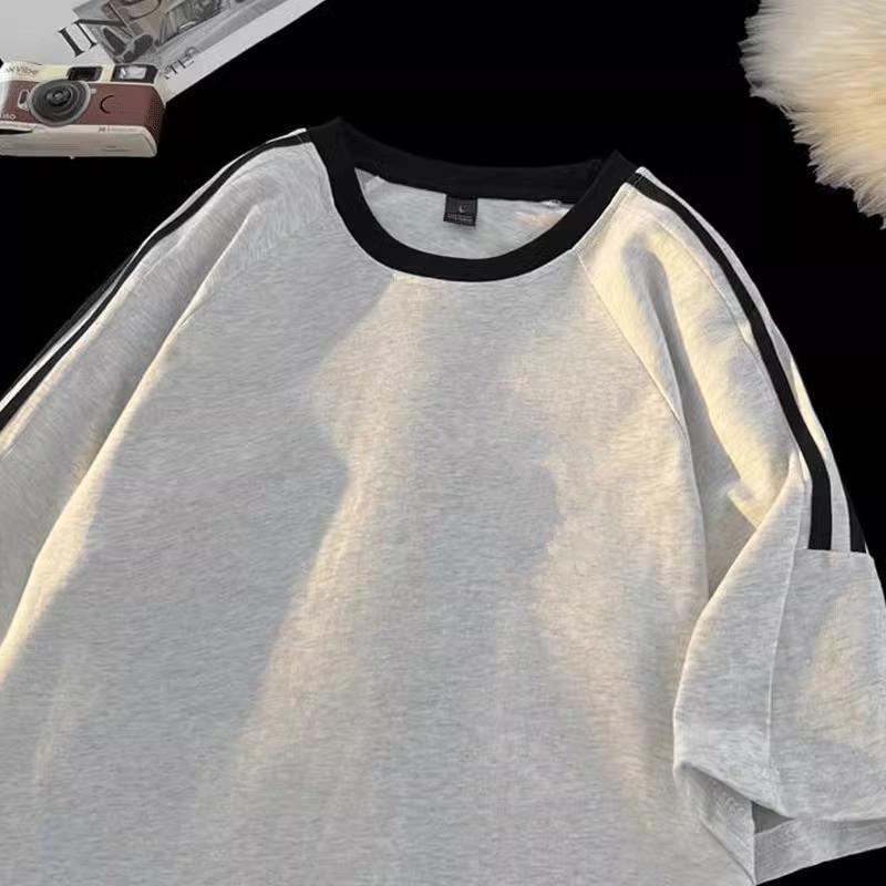 Men Summer Casual Loose Oversize Short Sleeve Round Collar Handsome Teenager Striped Pullover Cotton T Shirt Top