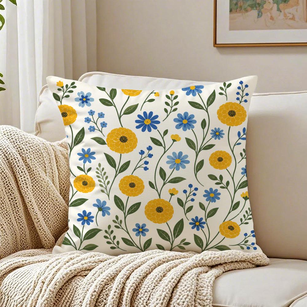 Yellow Blue Wildflower Pillow Case Organic Short Plush Cushion Covers Breathable Washable WrinkleResistant