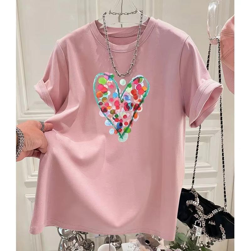 2026 Summer Fashion HandPainted Polka Dot Printing WOMEN Pure Cotton Oneck Comfortable and Loose Unisexs and WOMENs Tshirts