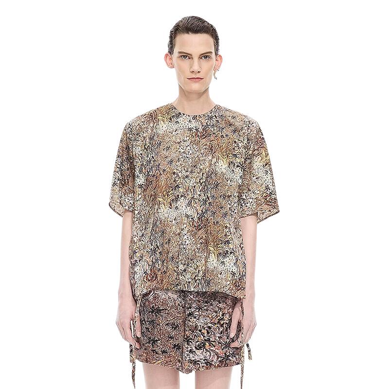 JNBY Women's Relaxed Fit Short Sleeve Round Neck Botanical Print Cotton Shirt