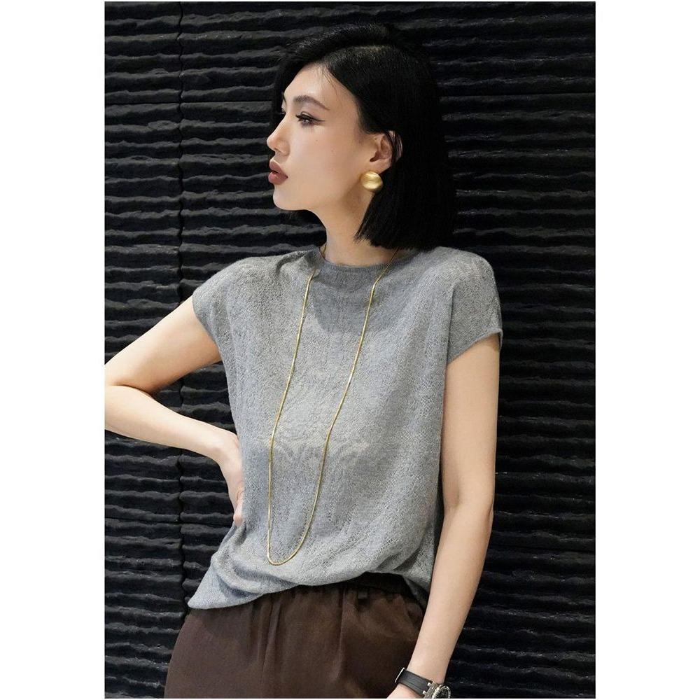 Summer New Niche Design Unique and Chic Age-reducing Coffee Color Right Shoulder Knitted Short-sleeved T-shirt Top