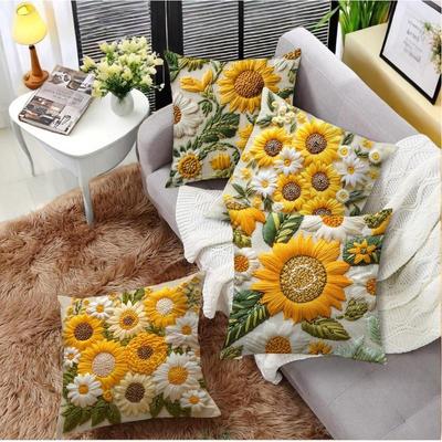2D Ayçiçeği Peluş Yastık Kılıfı 45x45cm Çiçekli Retro Özel Baskılı Modern Ev Dekorasyonu