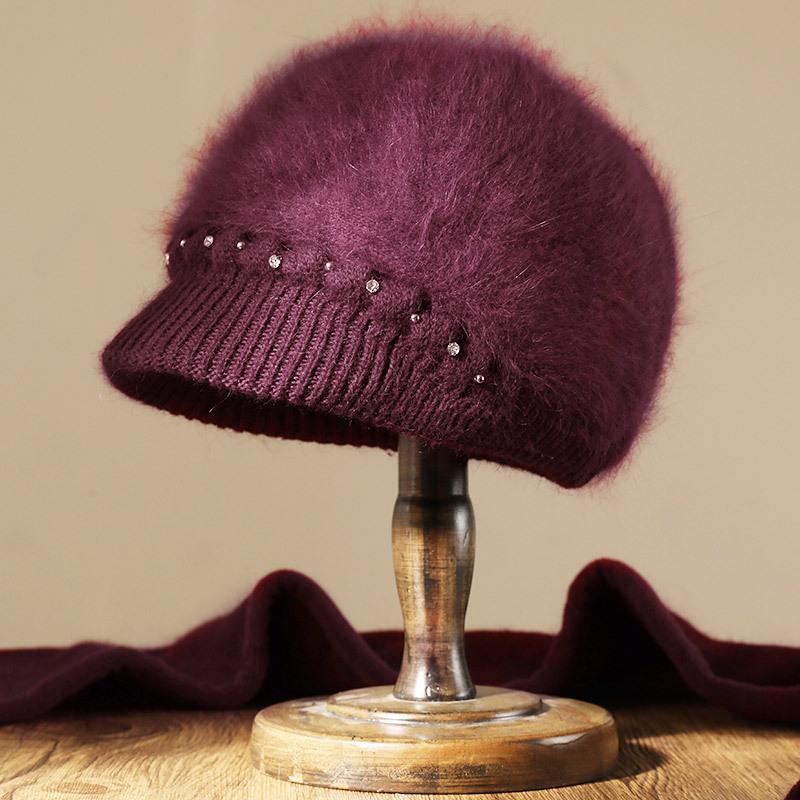 Autumn and Winter New Women's Knitted Hat Winter Thickened Rabbit Fur Medium and Old Hat Fleece Ear Protector Wool Hat