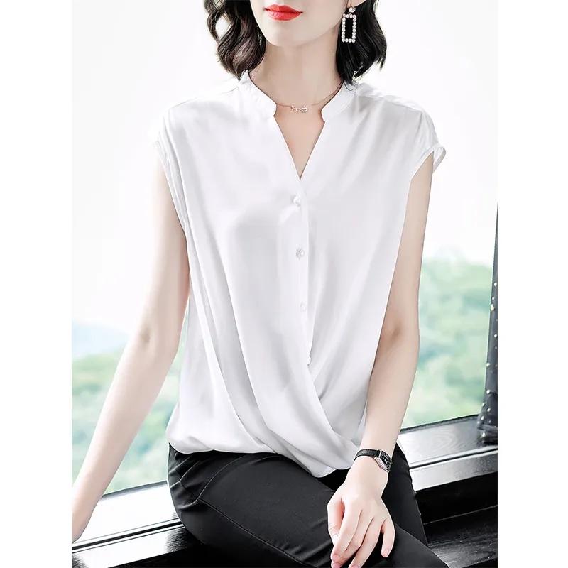 Šifonová košile s výstřihem do V Dámská letní zakrývající břicho Blůza Krátký rukáv Volný Temperament Bez rukávů Štíhlá Jednobarevná Velká velikost Košile Dámský letní top