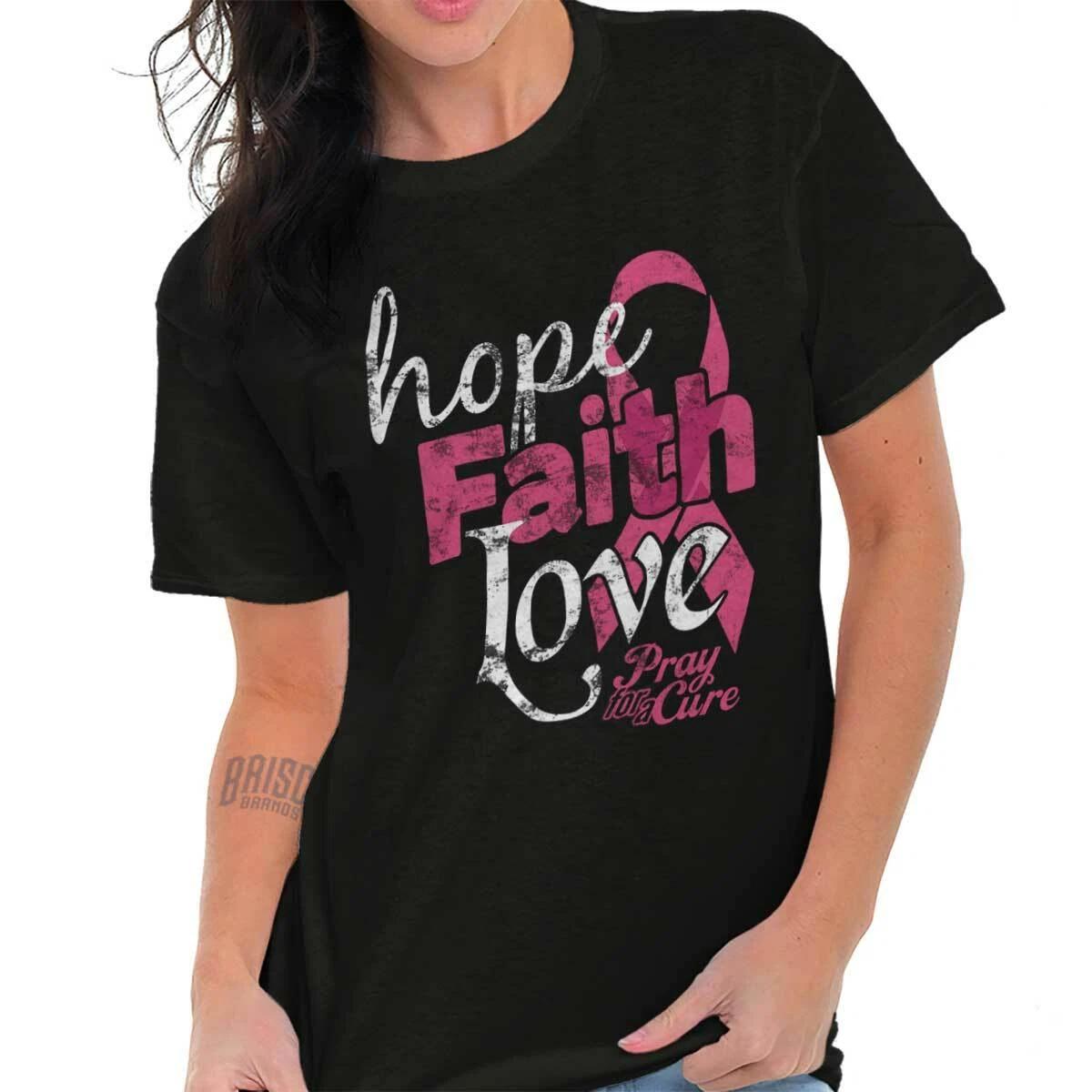 Breast Cancer Awareness Hope Faith Love Pink Womens Graphic Crewneck T Shirt Tee XS