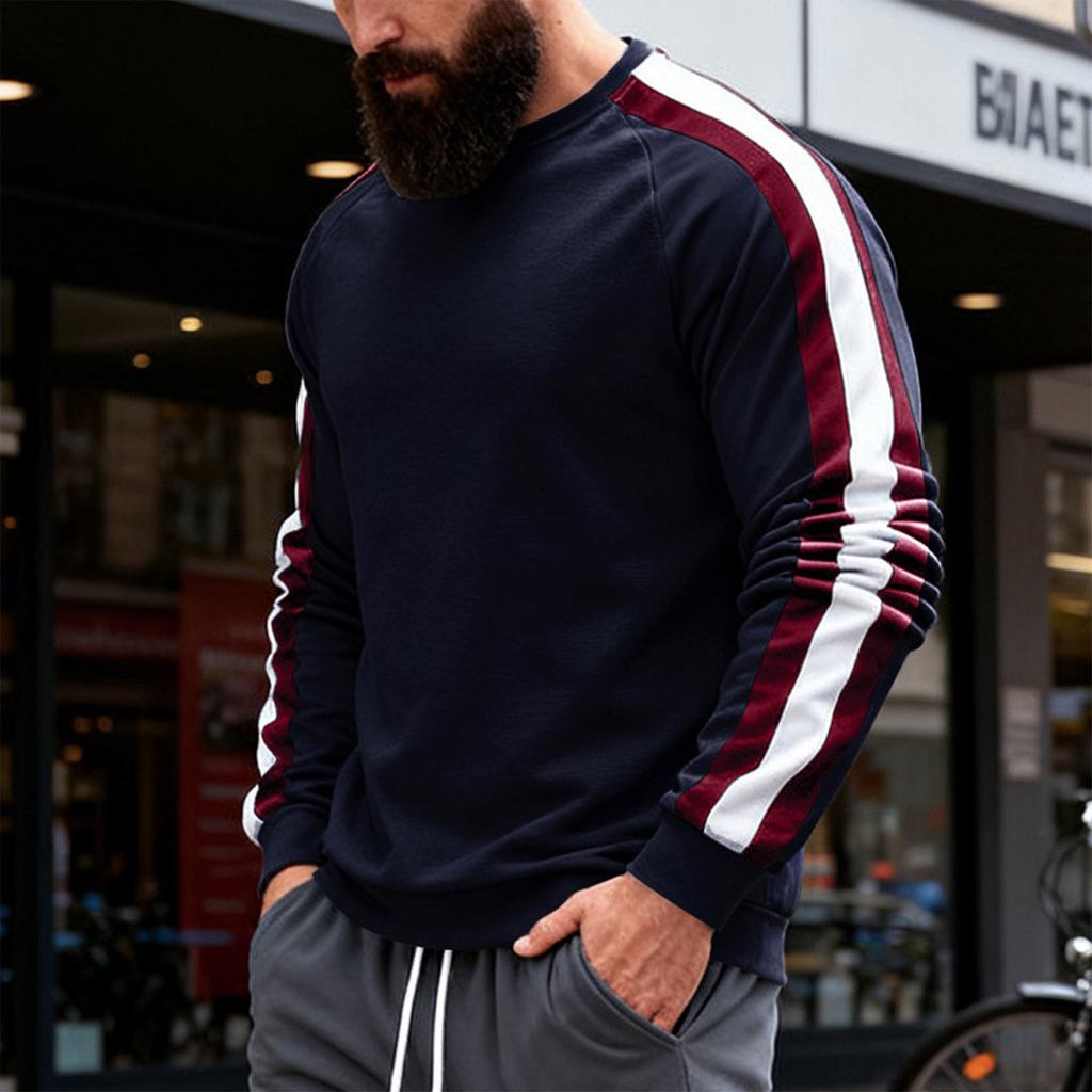 Men's Round Neck Color Block Long Sleeve Sweatshirt Casual Sports Base Layer Top