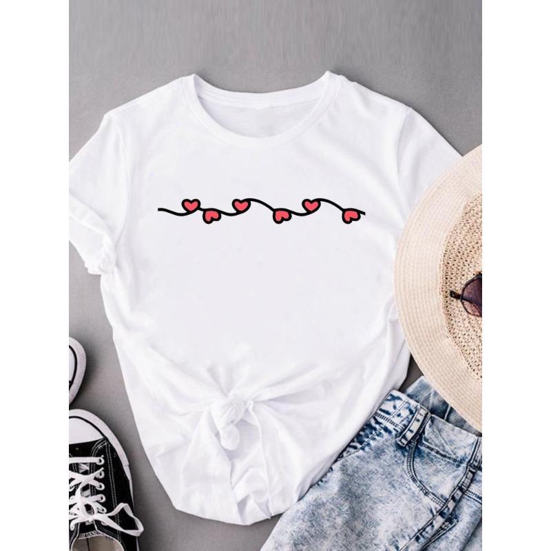 (European Size) Sweet Love Heart Women Tee Top Style Trend Cute Clothing Casual Short Sleeve Fashion Print Lady Tshirt Female Graphic T-shirts