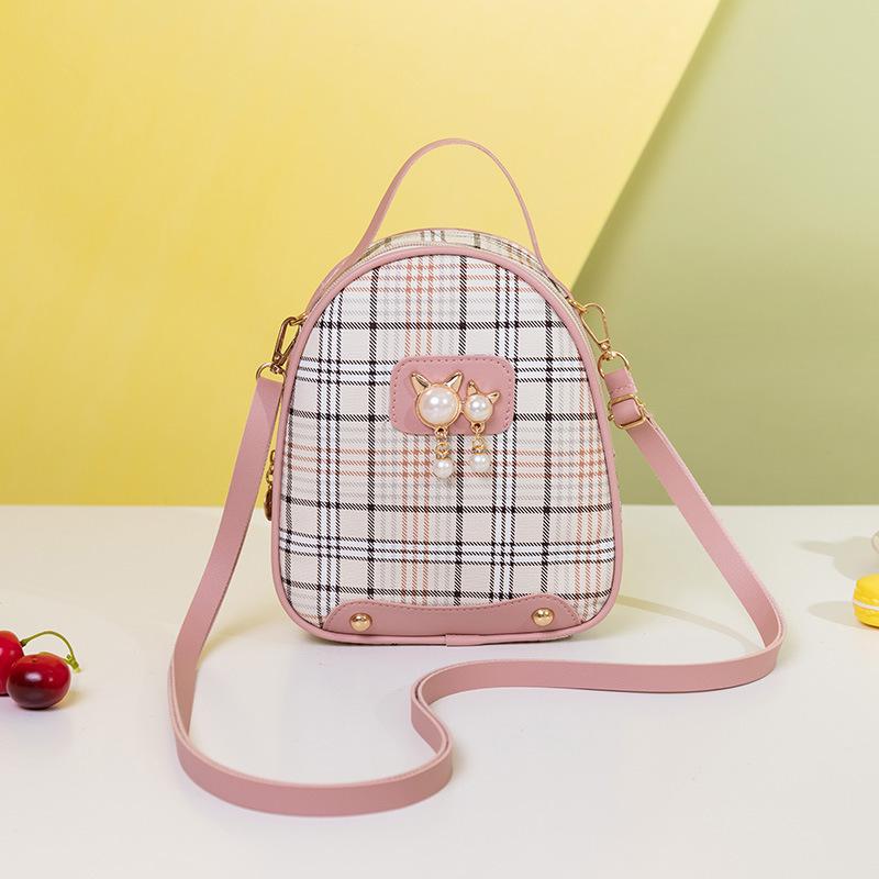 Ladies Scottish Plaid Small Backpack Autumn and Winter New Cat Pearl Mobile Phone Small Bag