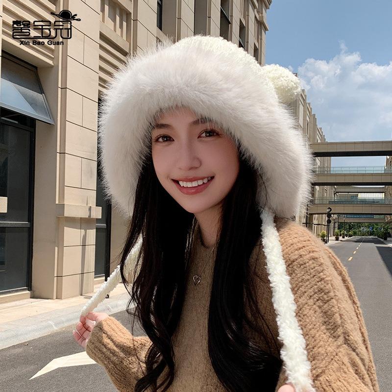 Autumn and winter warm ear protection knitted hat versatile thickened cold-proof plush bear ears wool hat female