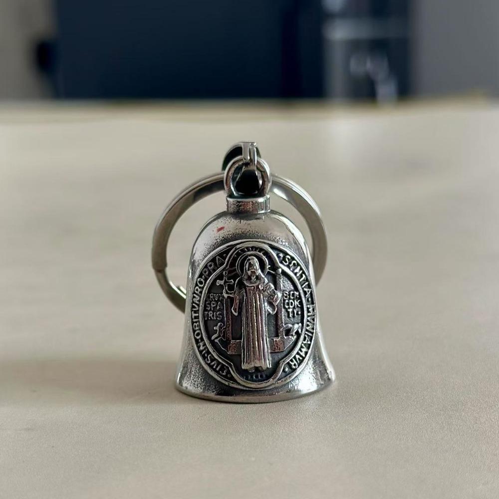 Saint Benedict Motorcycle Guardian Bell Retro Biker Good Luck Charm Religious Cross Key Chain