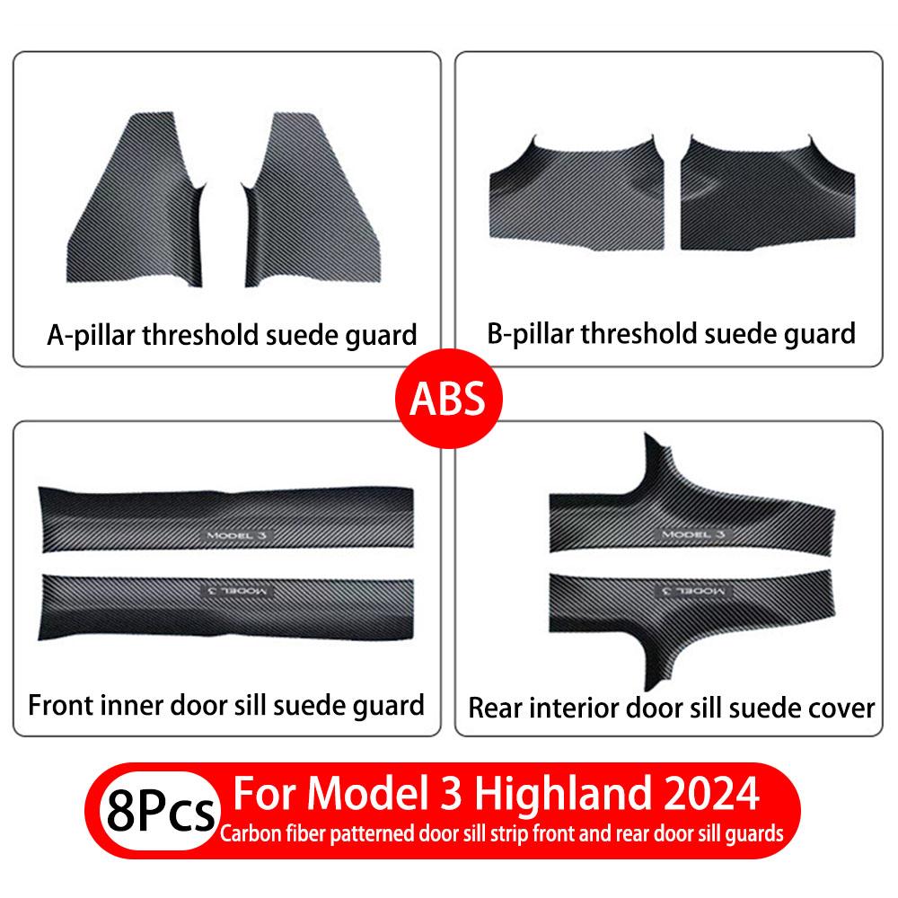 2 4 8Pcs ForTesla Model3/Y Highland 24-25ABS Front Rear Door Sill Protector Threshold Strip Anti-kick Guard Panel Waterproof Pad