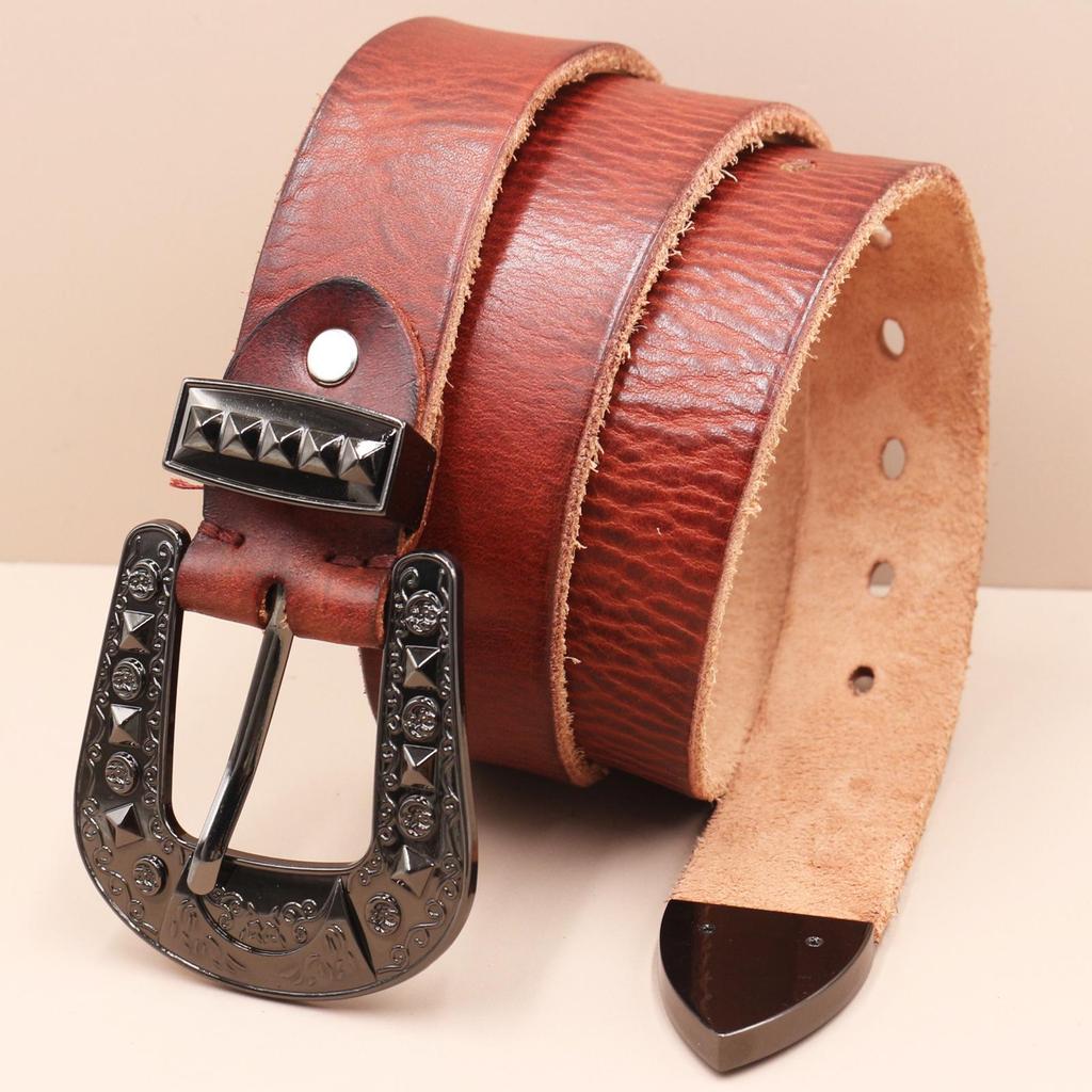 Men's Genuine Leather Western Belt with Texan Buckle - Top Layer Cowhide, Retro Style, Stock Clearance.