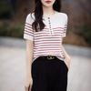Summer Fashion Loose Striped Short-sleeved T-shirt Women's Contrasting Color Half-open Neck Knitted Half-sleeved Women's Top