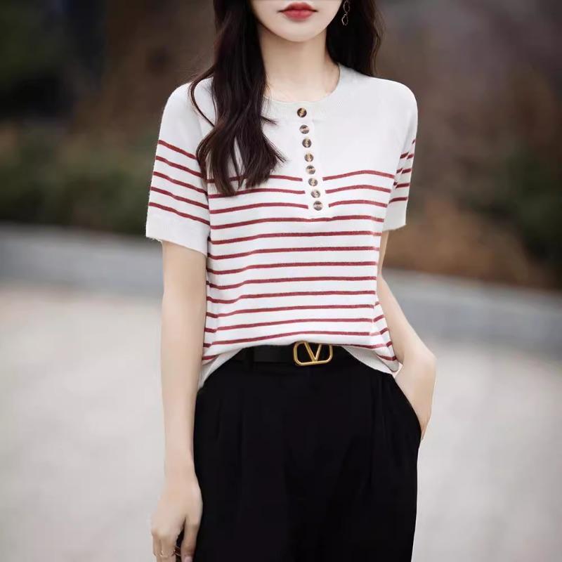 Summer fashion loose striped short-sleeved T-shirt women's contrasting color half-open neck knitted half-sleeved women's top